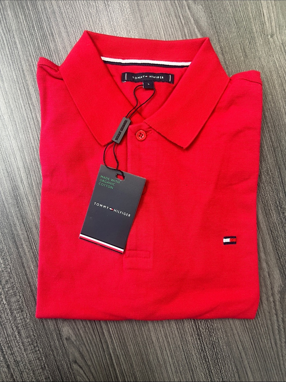 Tommy Hilfiger Men's Red Organic Cotton Polo Shirt - Size L - NWT Classic Style